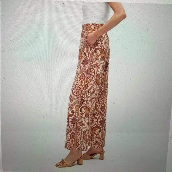 Melanie Lyne sz 14 Wide leg flowy cropped pants w paisley print brown pink gold - Picture 1 of 14